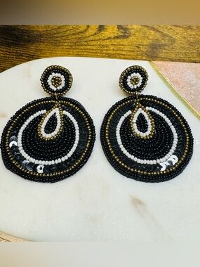 Black White Beaded Statement Earrings Sequin Boho Dangle